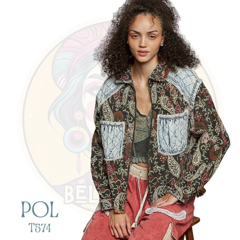 T574 POL Chocolate Brown Jacquard Denim Quilted Patch Jacket